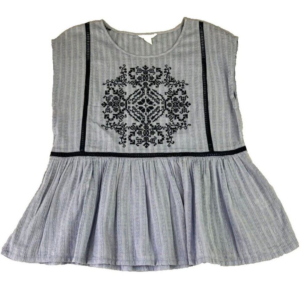CASLON Blouse Top Women PS Blue Embroidered Peplum Boxy Cross Stitch Cutout